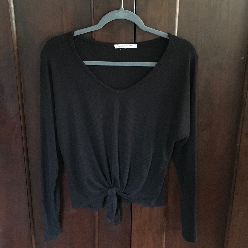 Black Long Sleeve Tie Front Top